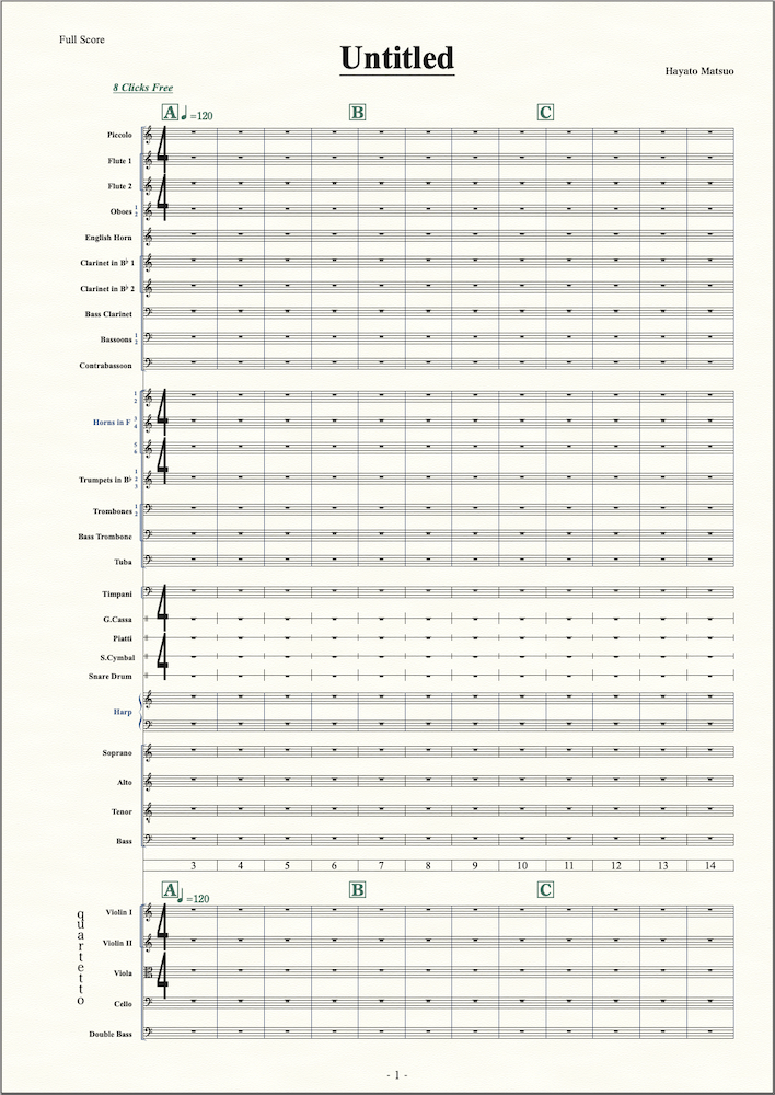 松尾さんが使用する最大規模のスコア「Temp1」の全体像。大きな拍子記号、トップと弦楽器の2ヶ所に配置された大きなリハーサルマークなどが目立つ。