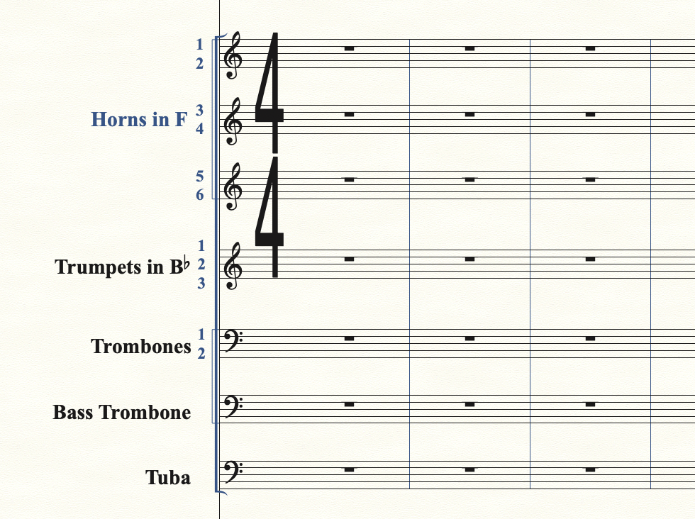 同じ五線に複数パートをまとめられる楽器はまとめて、段数を節約する。